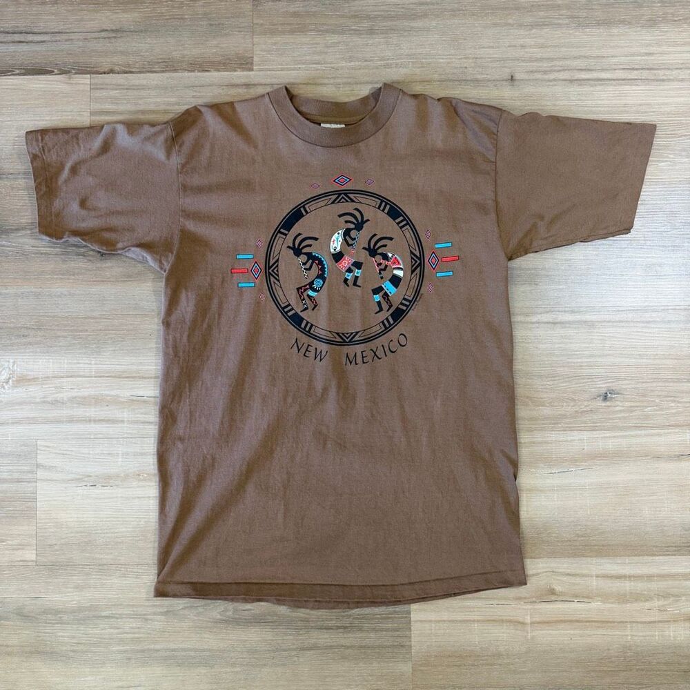 Vintage 80s New Mexico Brown Kokopelli Shirt Sz L Single Stitch Native American